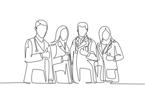 One line drawing of groups of young happy male female doctors givie thumbs up Stock Illustration