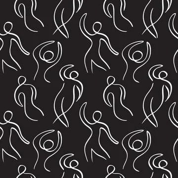 One line drawing human figures black seamless pattern Stock Illustration