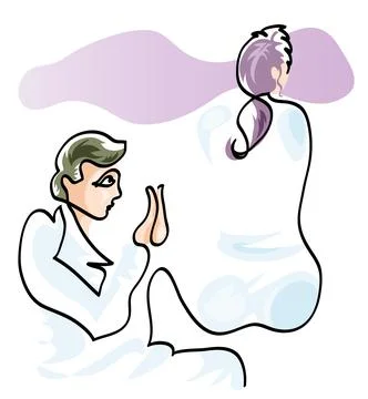 One line drawing of husband asking for forgiveness to his wife Stock Illustration