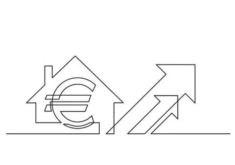 One line drawing of isolated vector object - euro sign and house with arrows 스톡 일러스트