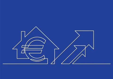 One line drawing of isolated vector object - euro sign and house with arrows Stock Illustration