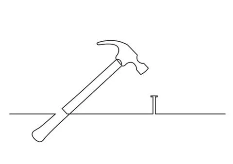 One line drawing of isolated vector object - hammer and nail Stock Illustration