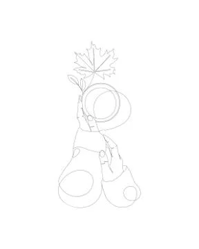 One line drawing of isolated vector object - maple leaf, a cup of coffee, cozy Stock Illustration