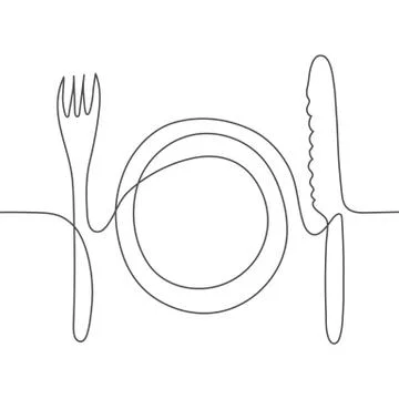 One line drawing of knife, fork and plate.Continuous line art illustrations Stock Illustration