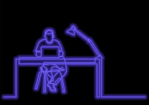 One line drawing of man working with laptop computer behind desk with neon ve Stock Illustration