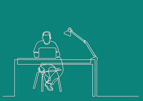 One line drawing of man working with laptop computer behind desk Stock Illustration