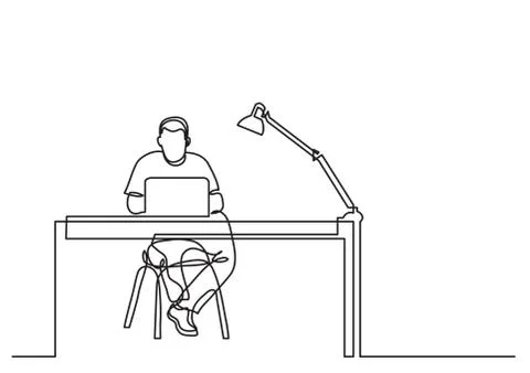 One line drawing of man working with laptop computer behind desk Stock Illustration