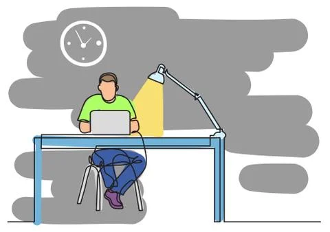 One line drawing of man working with laptop computer behind desk Stock Illustration