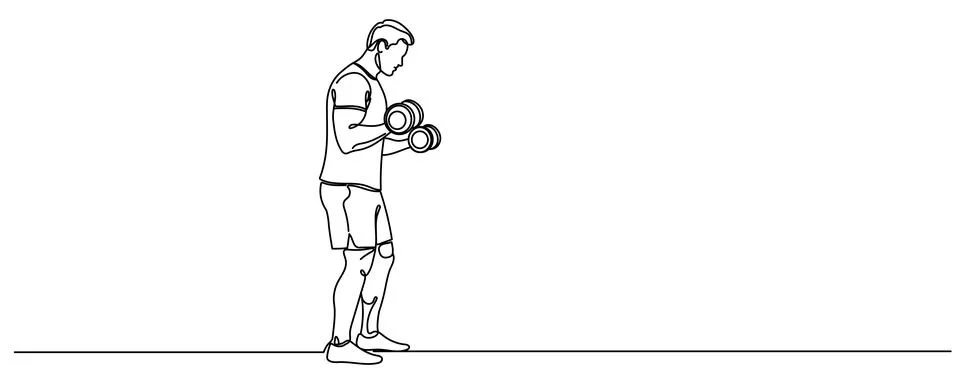 One Line Drawing or Continuous Line Art of a guy with dumbbells. Vector Illus Stock-Illustration