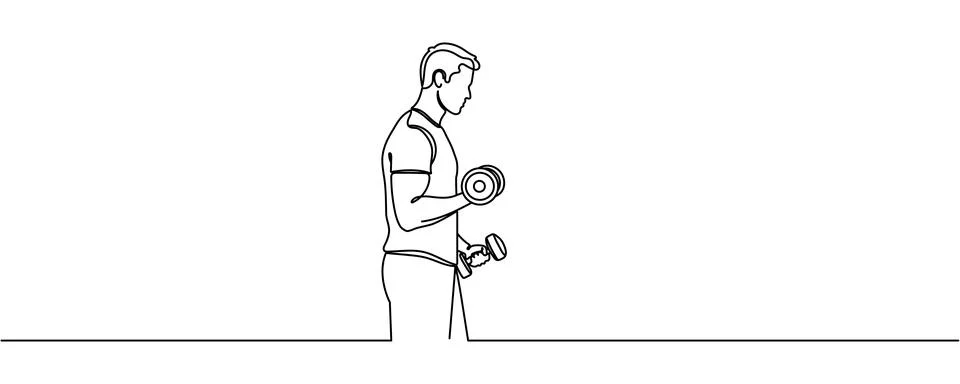 One Line Drawing or Continuous Line Art of a guy with dumbbells. Vector Illus Stock Illustration
