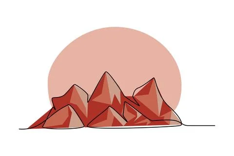 One line drawing of red simple color mountains. Perfect nature panorama. Stock Illustration