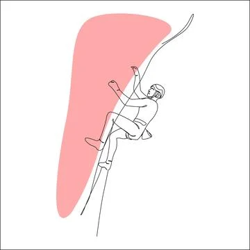 One-line drawing of a rock climber ascending a cliff with safety gear Stock Illustration
