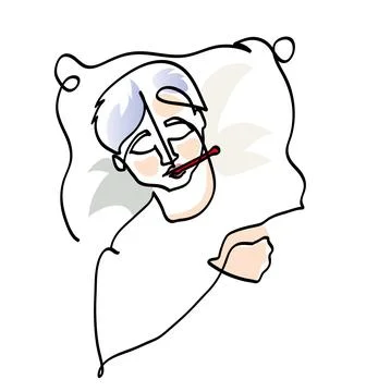 One line drawing of sick boy in bed. Stock Illustration
