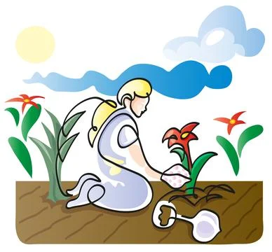 One line drawing of sitting pretty blond woman gardener. Stock Illustration