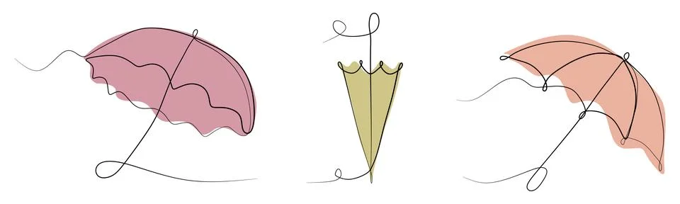 One line drawing, Spring or Autumn umbrella with color flat blotches. Vector ill Stock Illustration