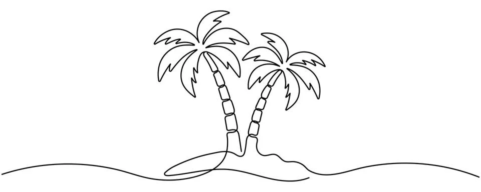 One line drawing of two palm trees on tropical island. Editable stroke Stock Illustration