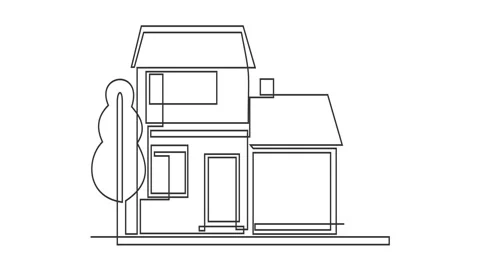 One Line Drawing Two Story House Animation: Garage and Tree Stock Footage 346316966