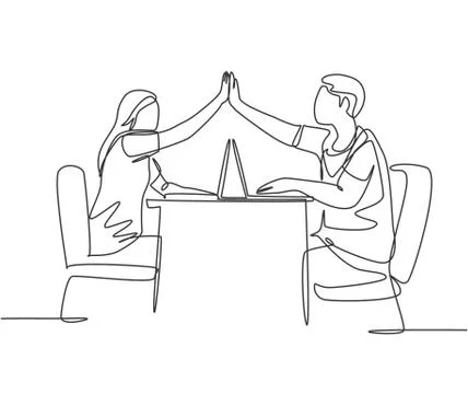 One line drawing of two young happy couple man and woman work at cafe Illustrazione stock