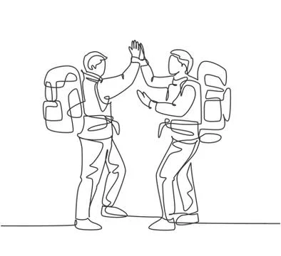 One line drawing of two young happy tourist carrying backpack Stock Illustration