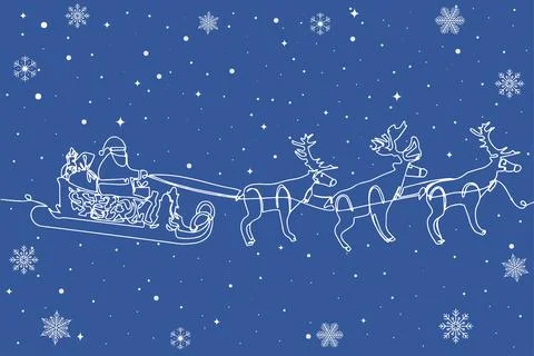 One line drawing. Vector cartoon sleigh with reindeer, Santa Claus sleigh. Ch Stock Illustration