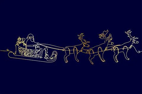 One line drawing. Vector cartoon sleigh with reindeer, Santa Claus sleigh. Ch Stock Illustration