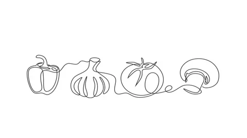 One Line Drawing Vegetables Animation: Pepper Garlic Tomato Mushroom Stock Footage 346293241