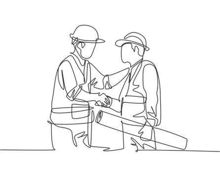 One line drawing of young architect holding on a paper and builder foreman Stock Illustration