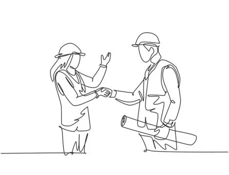 One line drawing of young architect woman and builder foreman Stock Illustration