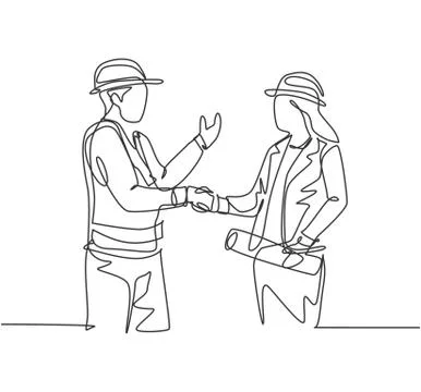 One line drawing of young architect woman and builder foreman Stock Illustration