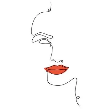 One line face. Linear sketch woman face. Female portrait with red lips vector Stock Illustration