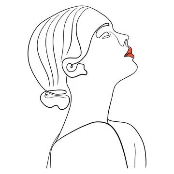 One line face. Linear sketch woman face. Female portrait with red lips vector Stock Illustration