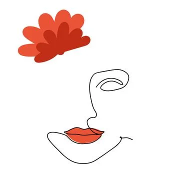 One line face. Linear sketch woman face. Female portrait with red lips vector Stock Illustration