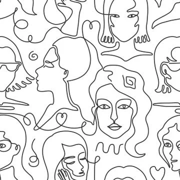 One line face pattern. Trendy woman face seamless texture with abstract line Stock Illustration