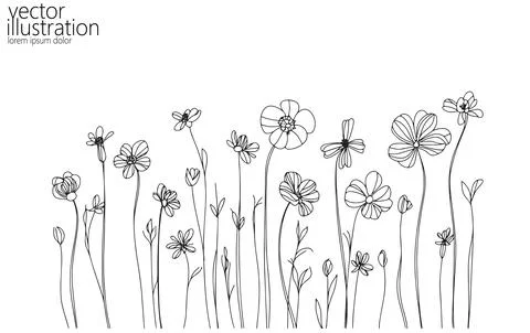 One line floral set element. Black and white monochrome continuous single line Stock Illustration