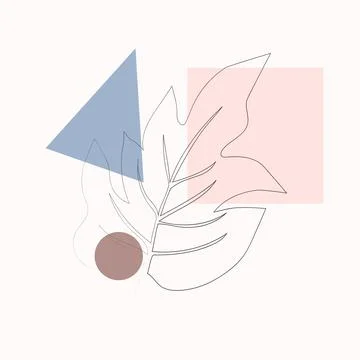 One line with minimal shapes, patterns, tropical leaves and flower. Abstract  Stock Illustration
