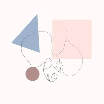 One line with minimal shapes, patterns, tropical leaves and flower. Abstract  Stock Illustration