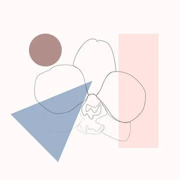 One line with minimal shapes, patterns, tropical leaves and flower. Abstract  Stock Illustration