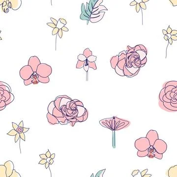 One line seamless modern pattern. flowers modern simplicity vector illustrati 스톡 일러스트
