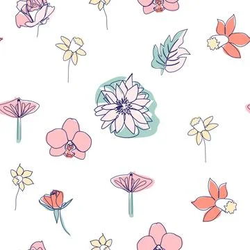 One line seamless modern pattern. flowers modern simplicity vector illustrati Stock Illustration