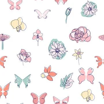 One line seamless modern pattern. flowers modern simplicity vector illustrati Stock Illustration