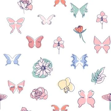 One line seamless modern pattern. flowers modern simplicity vector illustrati Stock Illustration