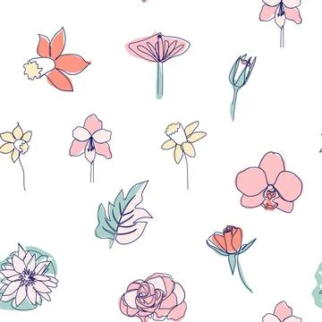 One line seamless modern pattern. flowers modern simplicity vector illustrati Stock Illustration