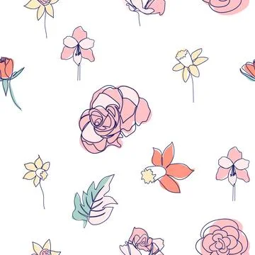 One line seamless modern pattern. flowers modern simplicity vector illustrati Stock Illustration