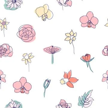 One line seamless modern pattern. flowers modern simplicity vector illustrati Stock Illustration