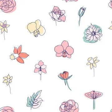 One line seamless modern pattern. flowers modern simplicity vector illustrati Stock Illustration