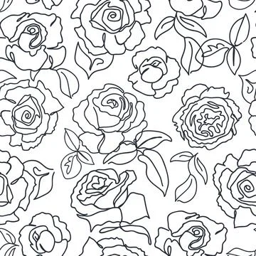 One line seamless pattern with roses Stock Illustration