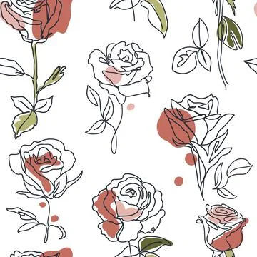 One line seamless pattern with roses Stock Illustration