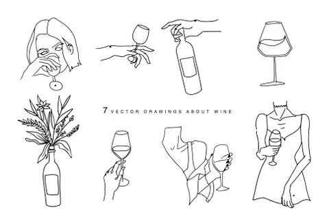 One line style set with arm, hand, face and glass of wine and girl Stock Illustration