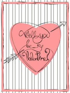 One line text 'will you be my valentine' in pink arrow pierced heart Stock Illustration