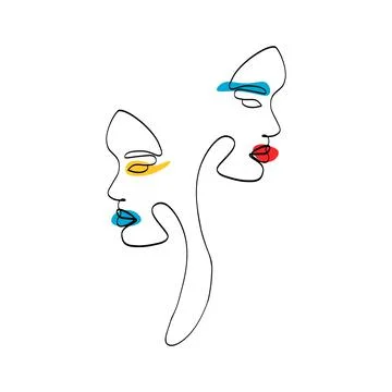 One line two faces. Abstract continuous line drawing female portraits, mid Stock Illustration
